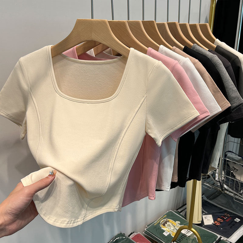 Square Collar Shoulder White Short-sleeved T-shirt