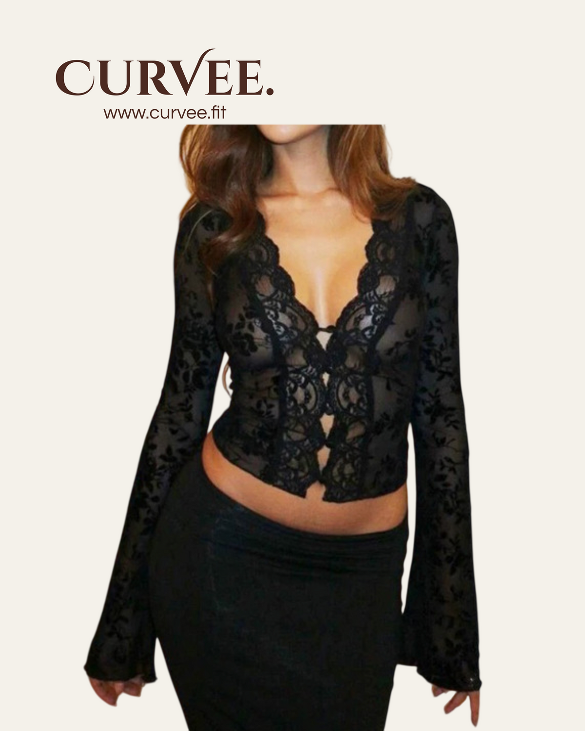 Black Print Lace Micro-Flared Sleeve Top