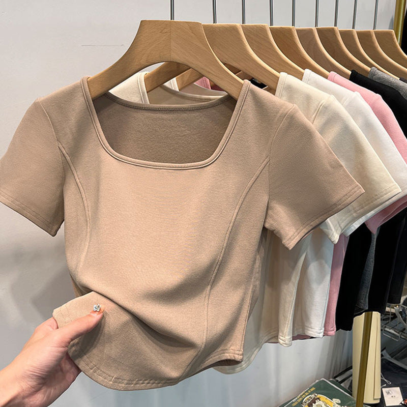 Square Collar Shoulder White Short-sleeved T-shirt