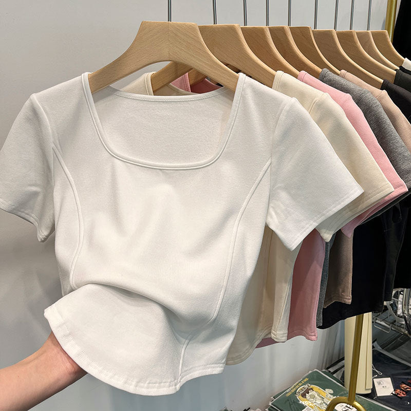 Square Collar Shoulder White Short-sleeved T-shirt