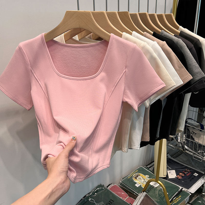 Square Collar Shoulder White Short-sleeved T-shirt