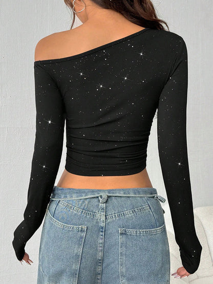 Aww! Rhinestone Slant Shoulder Long Sleeve T-shirt