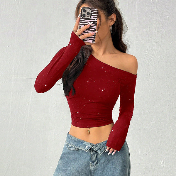 Aww! Rhinestone Slant Shoulder Long Sleeve T-shirt