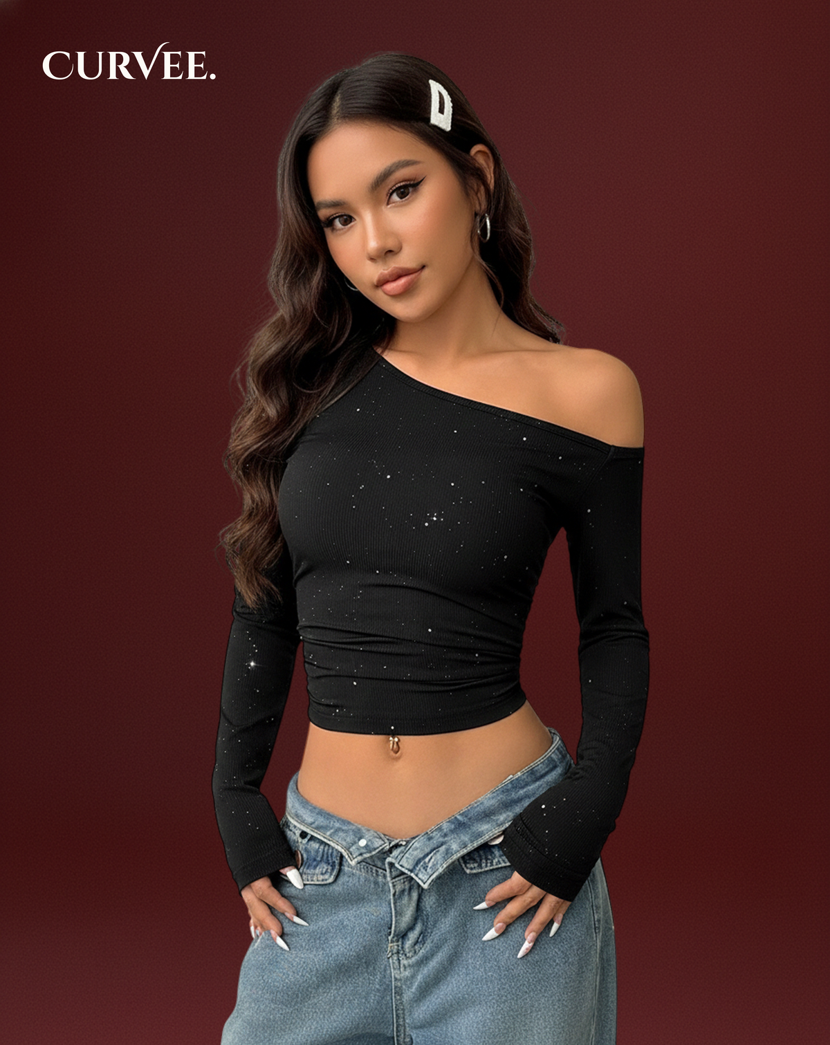 Aww! Rhinestone Slant Shoulder Long Sleeve T-shirt