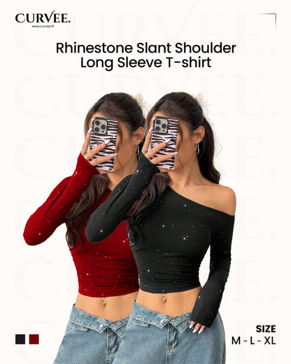 Aww! Rhinestone Slant Shoulder Long Sleeve T-shirt