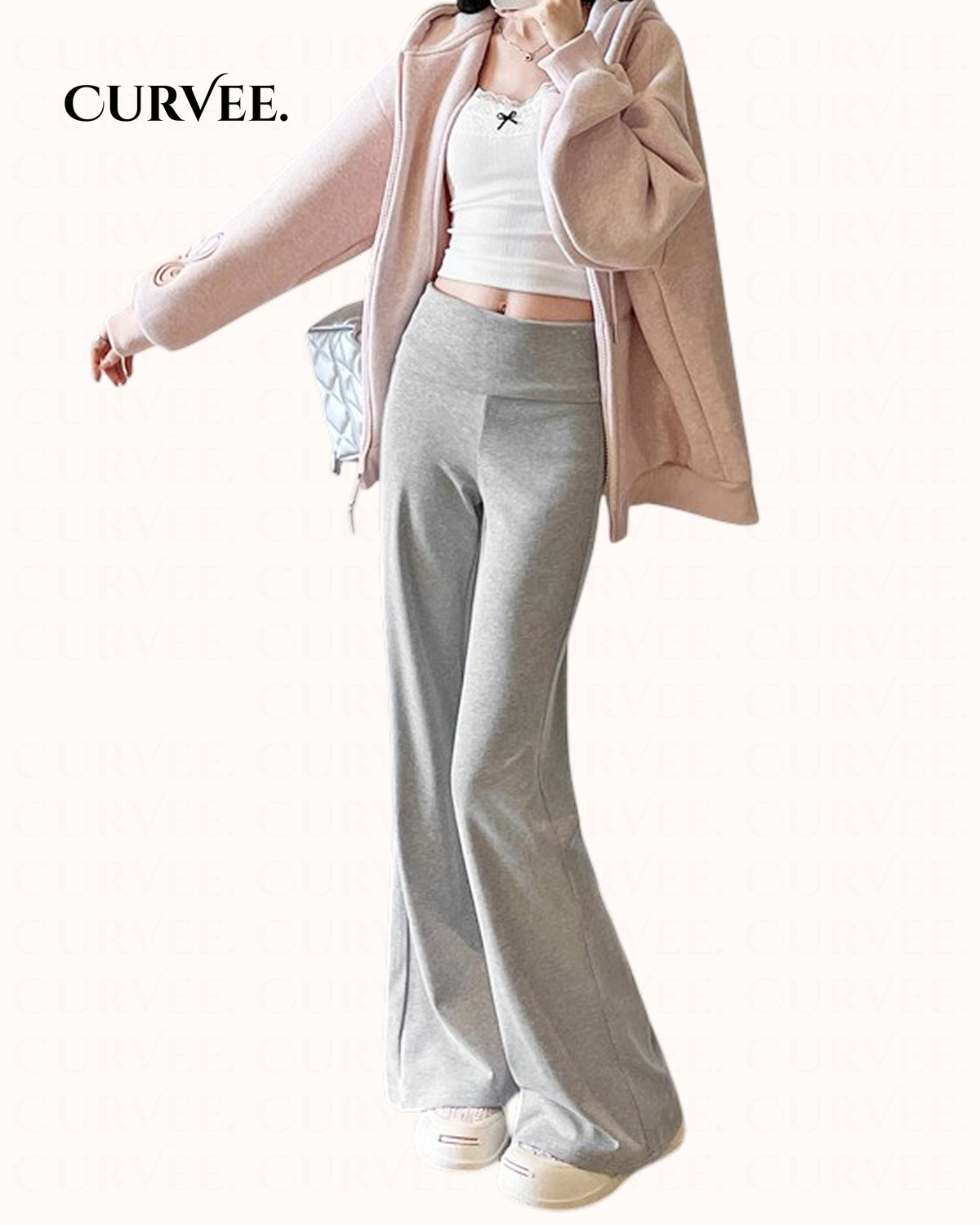 Gray high-waisted flared pants for women