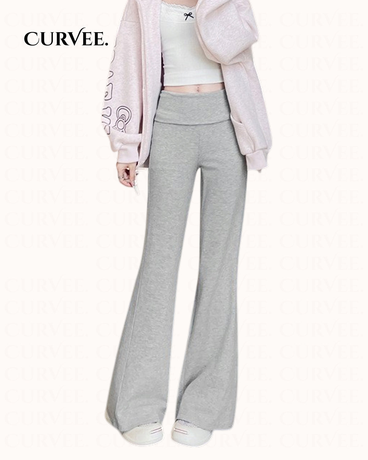 Gray high-waisted flared pants for women